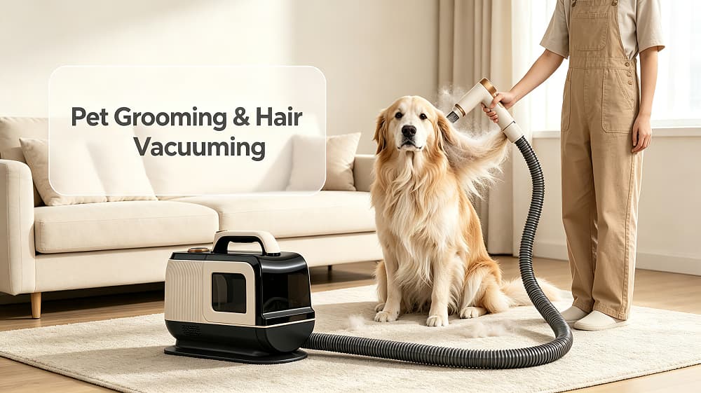All-in-one pet grooming vacuum trimming a dog's coat in a bright home with no flying fur
