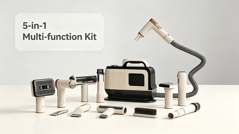 Complete 5-in-1 multi-function accessory kit for a pet grooming vacuum laid out on a worktop