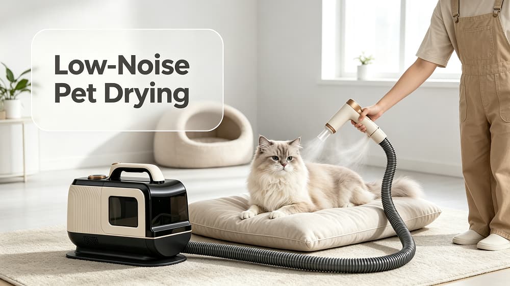 Low-noise pet dryer gently drying a wet dog after a bath indoors