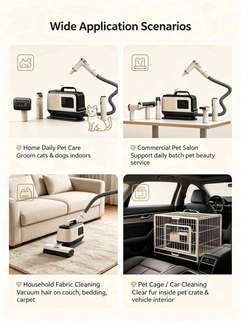 إنفوجرافيك يوضح حالات استخدام مكنسة تجميل الحيوانات الأليفة STG22 في المنزل وعلى المفروشات وفي السيارة