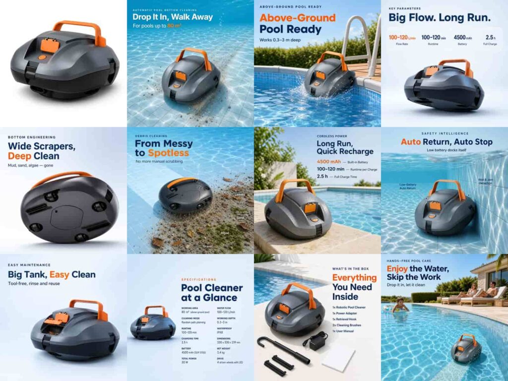 ST-SP1 cordless robotic pool cleaner product overview collage, features, scenes and accessories display