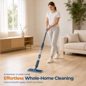 Woman using M8 cordless electric flat spray mop to clean hardwood floor in bright modern living room