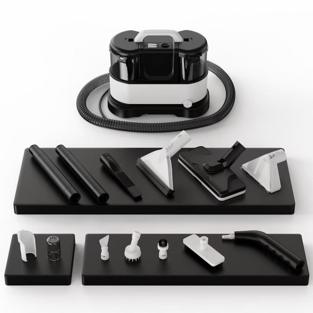 ST-LB-08A steam cleaner main unit and complete full accessory kit neatly displayed on black trays against white background