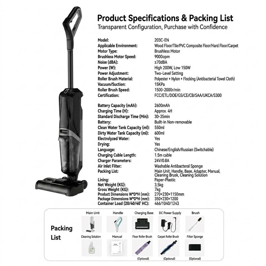 F203C floor washer specs & packing list