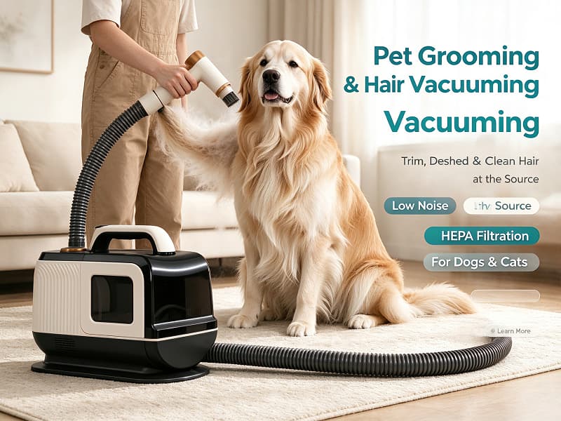 Pet grooming vacuum cleaner trimming and deshedding a golden retriever while loose hair is vacuumed directly into the dust cup.