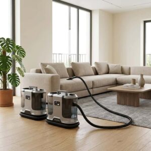 C301AS commercial hot water upholstery cleaner working scene, deep‑cleaning fabric sofa in residential and hospitality space