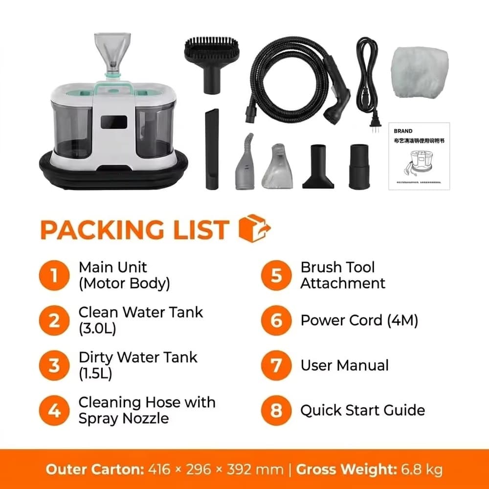 C301AS hot water upholstery cleaner packing list, complete accessories and parts overview