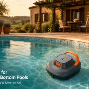 ST-SP2 robotic pool cleaner working in flat-bottom swimming pool, cordless automatic pool floor vacuum