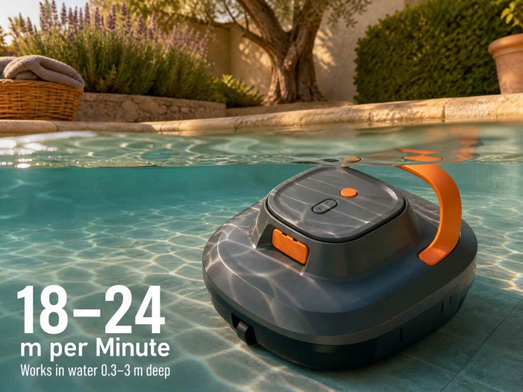 ST-SP2 cordless robotic pool cleaner working underwater, 18-24 m/min travel speed for efficient pool floor cleaning