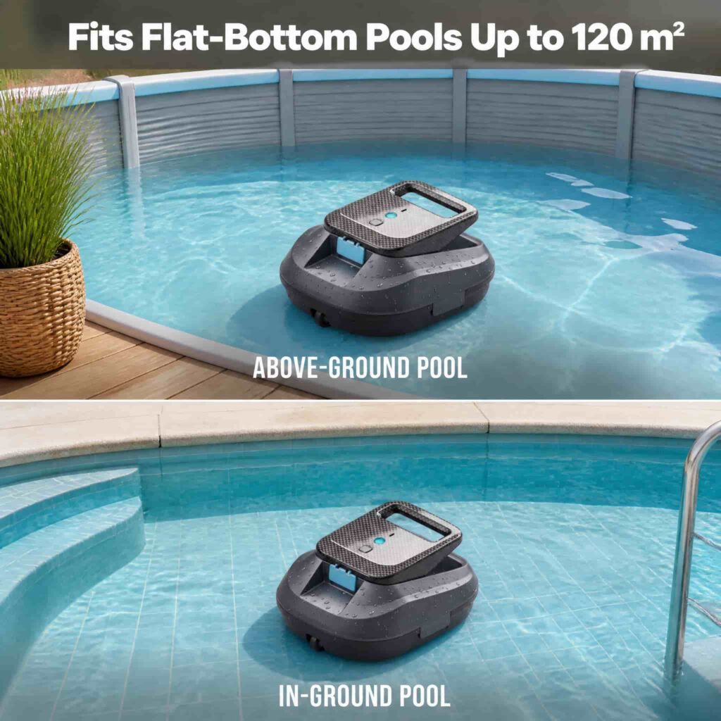 ST-SP2X robotic pool cleaner fits above-ground and in-ground flat-bottom pools up to 120㎡