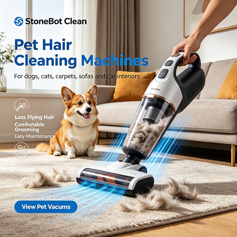 Pet grooming vacuum cleaner trimming a dog's coat while loose hair is drawn into the dust cup