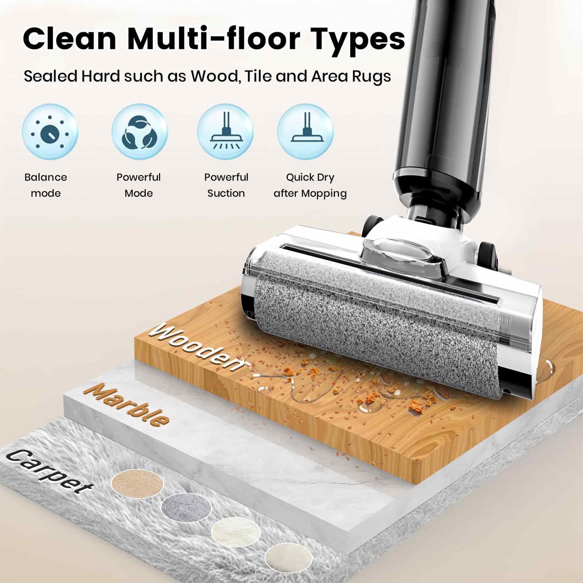 803 cordless wet dry floor washer, multi-floor cleaning compatible with hardwood tile marble & carpet