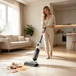 803 cordless wet dry floor washer, woman cleaning living room floor spills at home