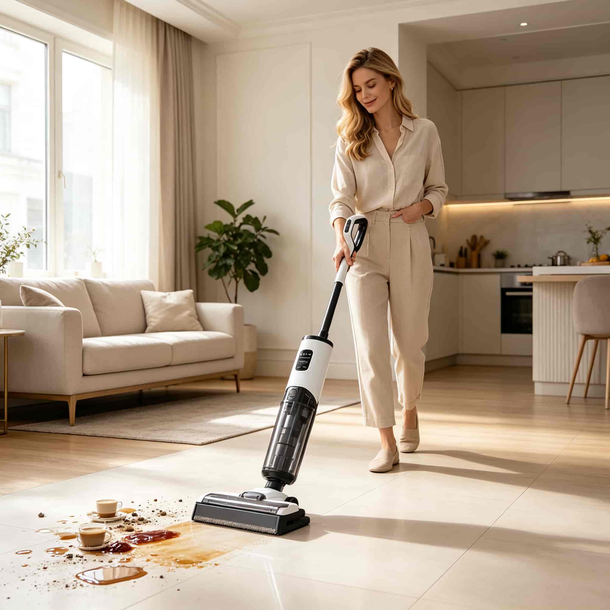 803 cordless wet dry floor washer, woman cleaning living room floor spills at home