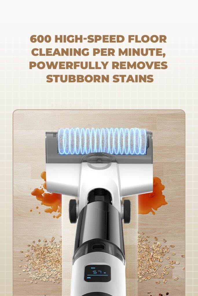 GT803 Pro cordless floor washer with 600 rpm high-speed roller brush powerfully removing stubborn stains from wood floor