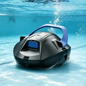 ST-BP1 robotic pool cleaner running underwater on pool floor with bubbles rising from the unit
