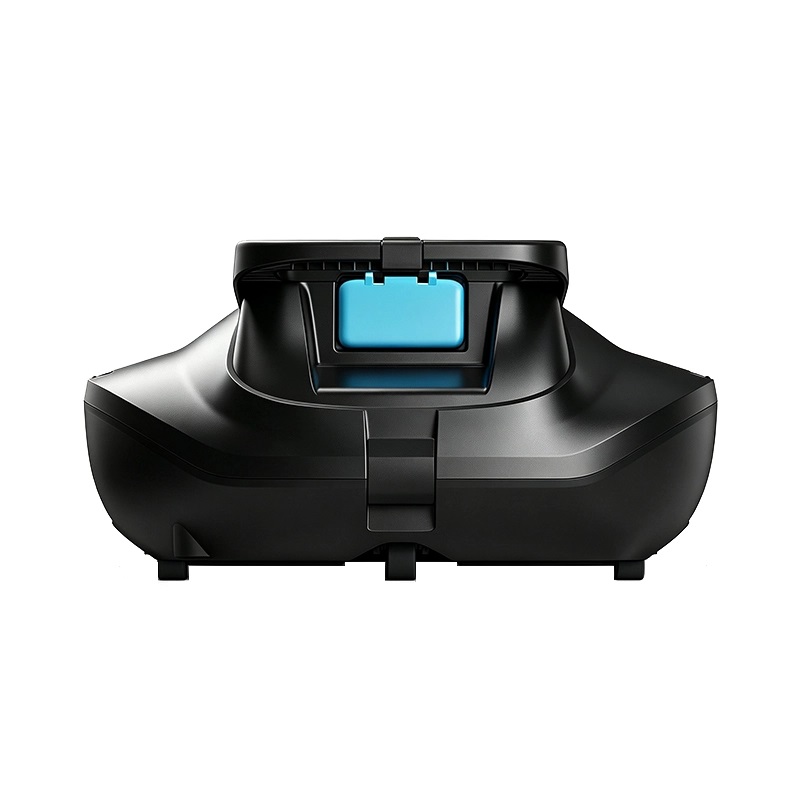 ST-BX1 commercial robotic pool cleaner running on the tiled floor of a swimming pool, black body with teal battery cover