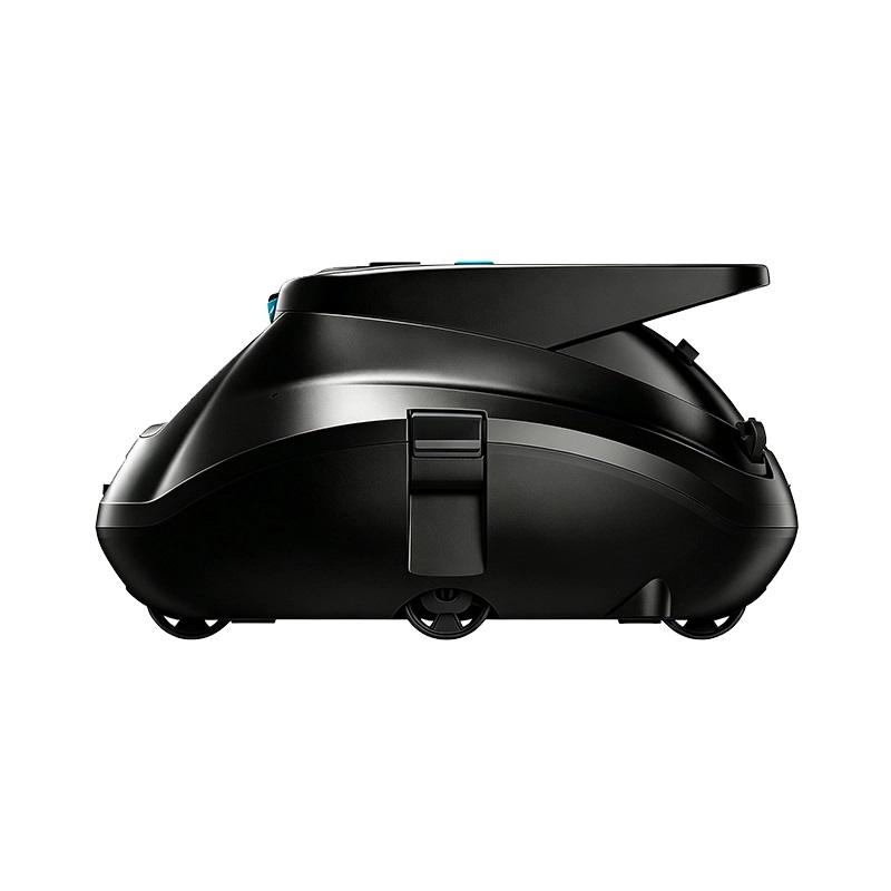 Underside of the ST-BX1 robotic pool vacuum showing four driven wheels, roller brushes and the suction intake