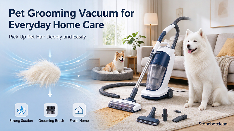Stonebotclean pet grooming vacuum for everyday home care, strong suction easily and deeply picks up pet hair, equipped with grooming brush and multi cleaning attachments, bright living room banner 16:9