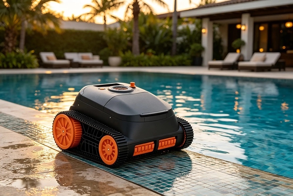 ST-BP5 wall climbing robotic pool cleaner in black and orange on the tiled edge of an in-ground pool at sunset