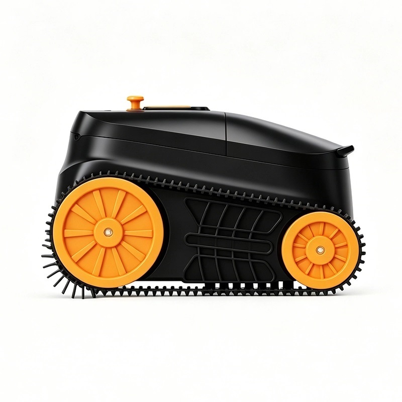 Side profile of the ST-BP5 cordless robotic pool cleaner showing the track drive and orange roller wheels