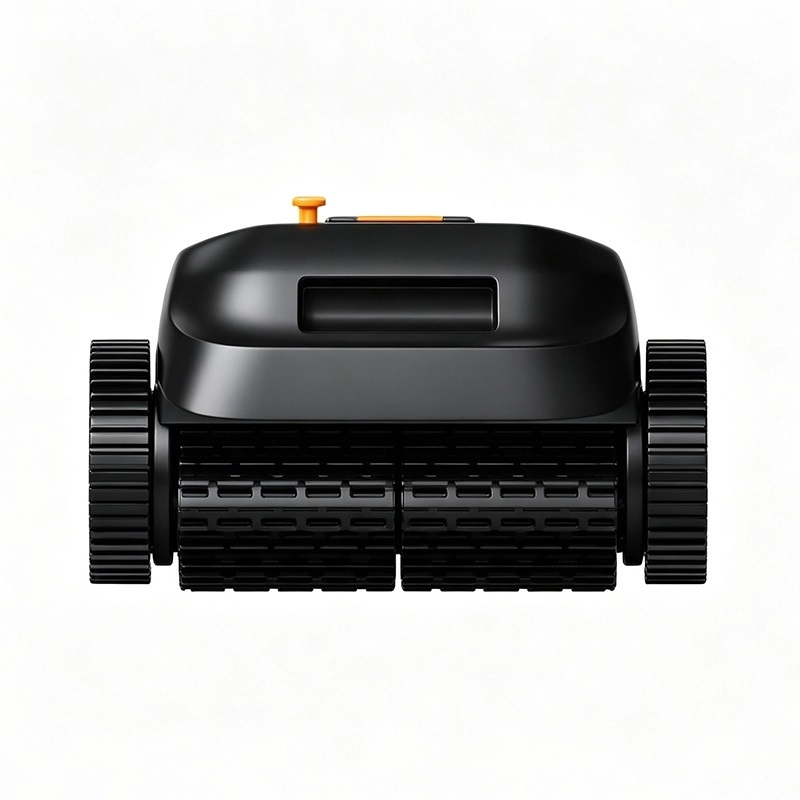 Side profile of the ST-BP5 cordless robotic pool cleaner showing the track drive and orange roller wheels