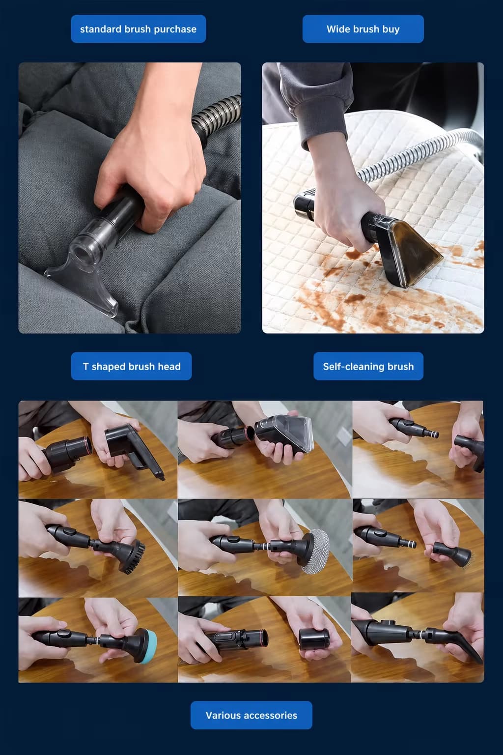 Standard brush head, wide brush head, T-shaped brush head and self-cleaning brush head for the STC-506H
