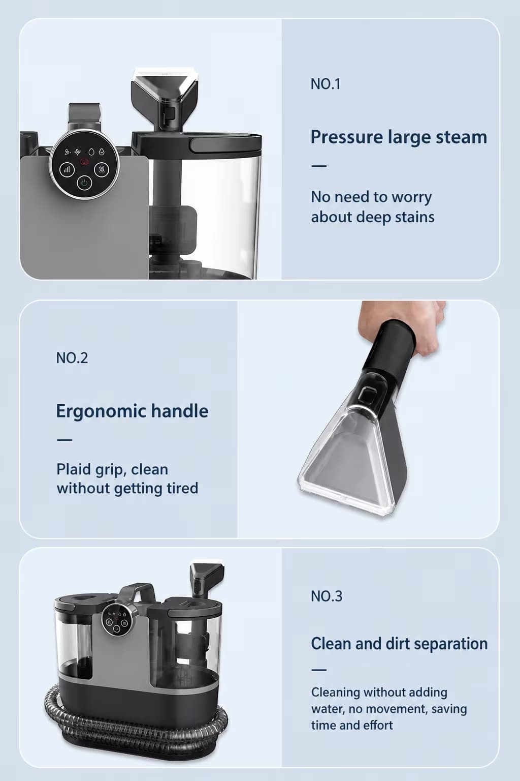 Pressure steam, ergonomic handle and clean and dirt separation on the STC-506H bagless spot cleaner