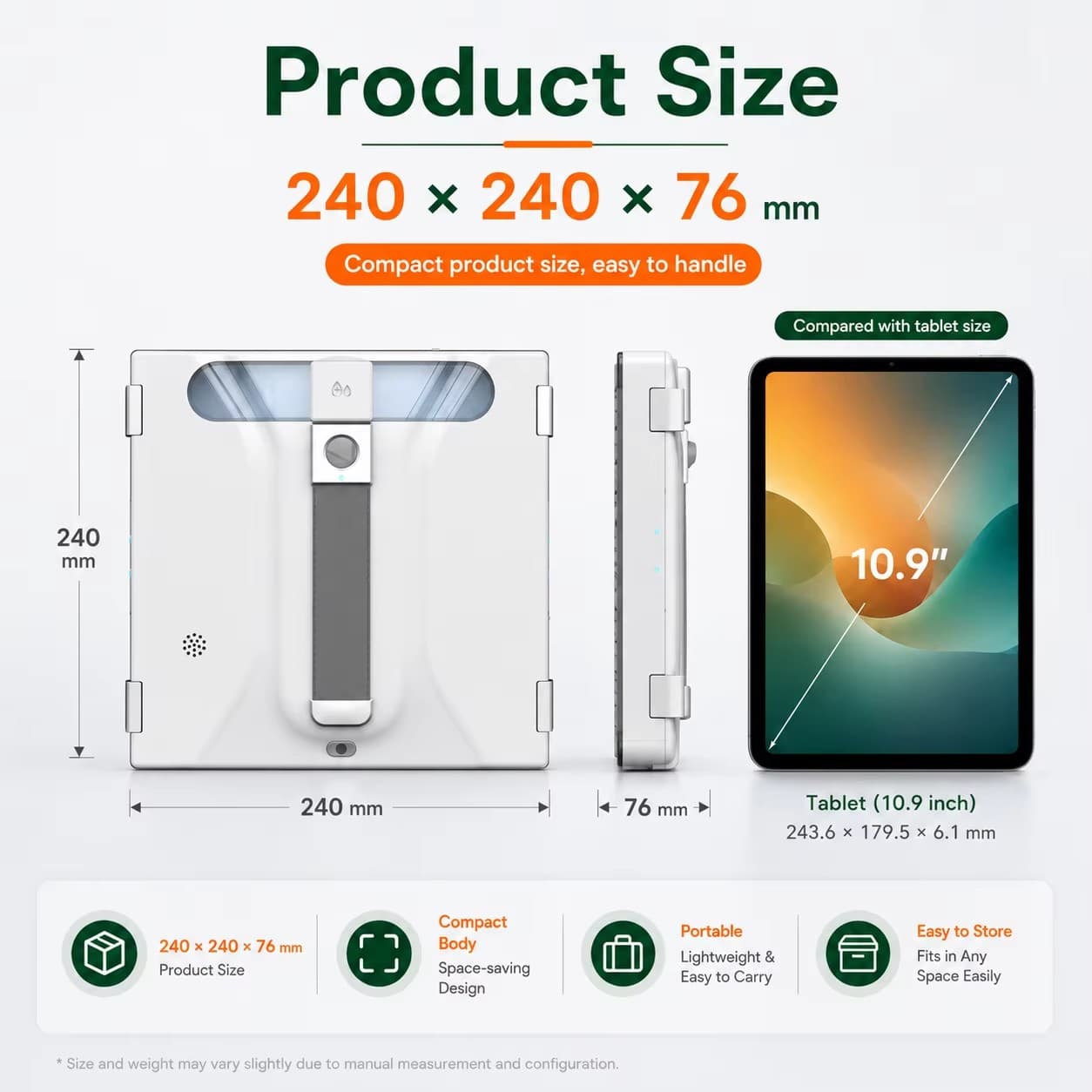 أبعاد روبوت تنظيف النوافذ ST-K1: 240 × 240 × 76 مم مقارنة مع جهاز لوحي 10.9 إنش