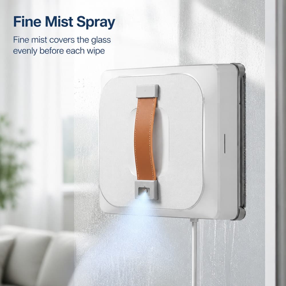 Fine mist spray covering window glass evenly before each wipe