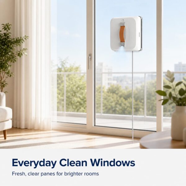 ST-WA9 ultra-slim square window cleaning robot, 65mm body with 3200Pa smart suction and 60ml ultrasonic mist on a tight-frame glass window — wholesale