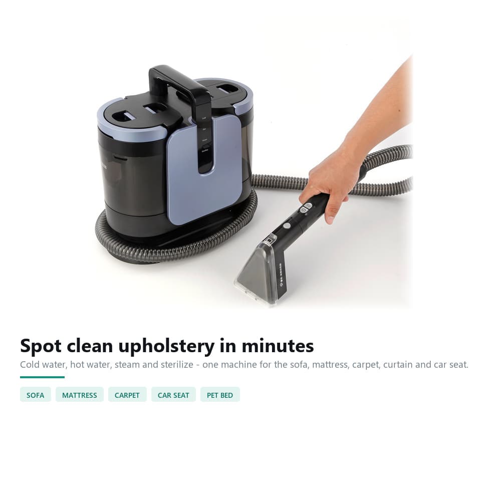 STC-987 portable spot cleaner machine extracting a stain from upholstery, shown with its sofa, mattress, carpet, car seat and pet bed applications