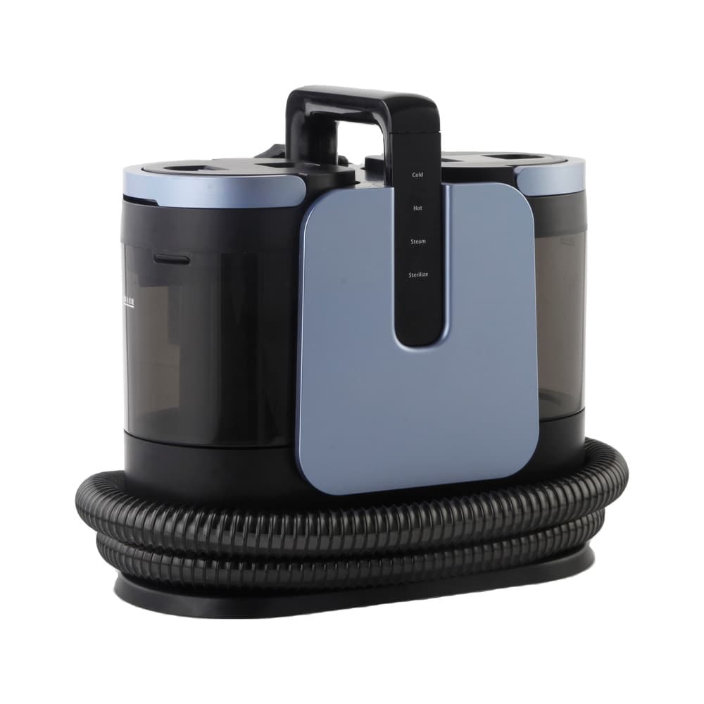 STC-987 spot cleaner machine body showing the Cold, Hot, Steam and Sterilize mode strip beside the carry handle