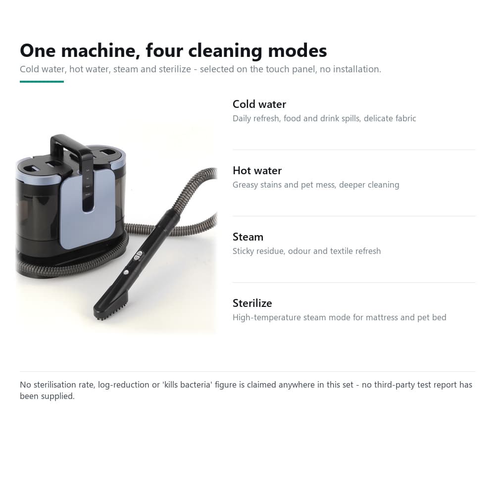 STC-987 four cleaning modes on the touch screen: cold water, hot water, steam and steam sterilization for fabric