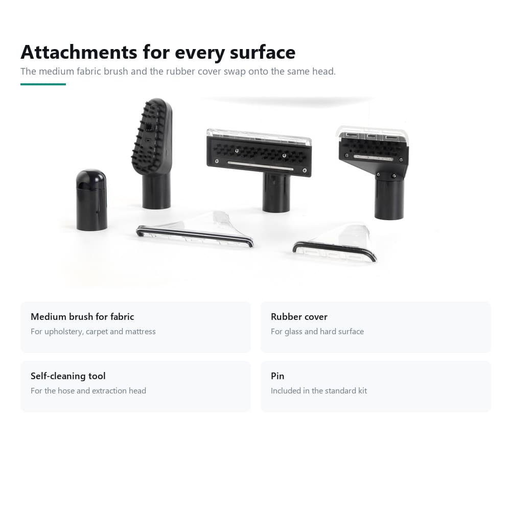 STC-987 attachments: medium brush for fabric, rubber cover for glass and hard surfaces, self-cleaning tool and pin