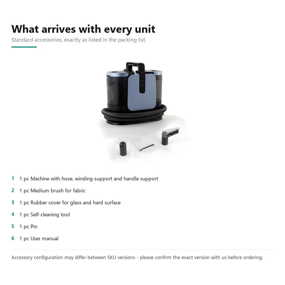 STC-987 standard package: machine with hose and supports, medium fabric brush, rubber cover, self-cleaning tool, pin and user manual