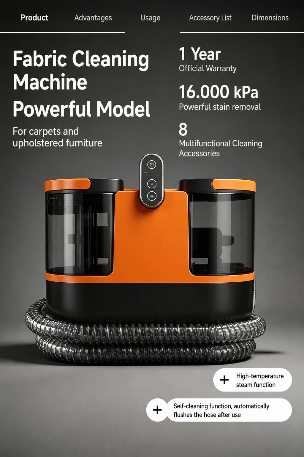 STC204-PRO carpet and sofa cleaning machine in orange and black, labelled 16000 Pa suction, 1700 W power, 1 year official warranty and 8 multifunctional cleaning accessories