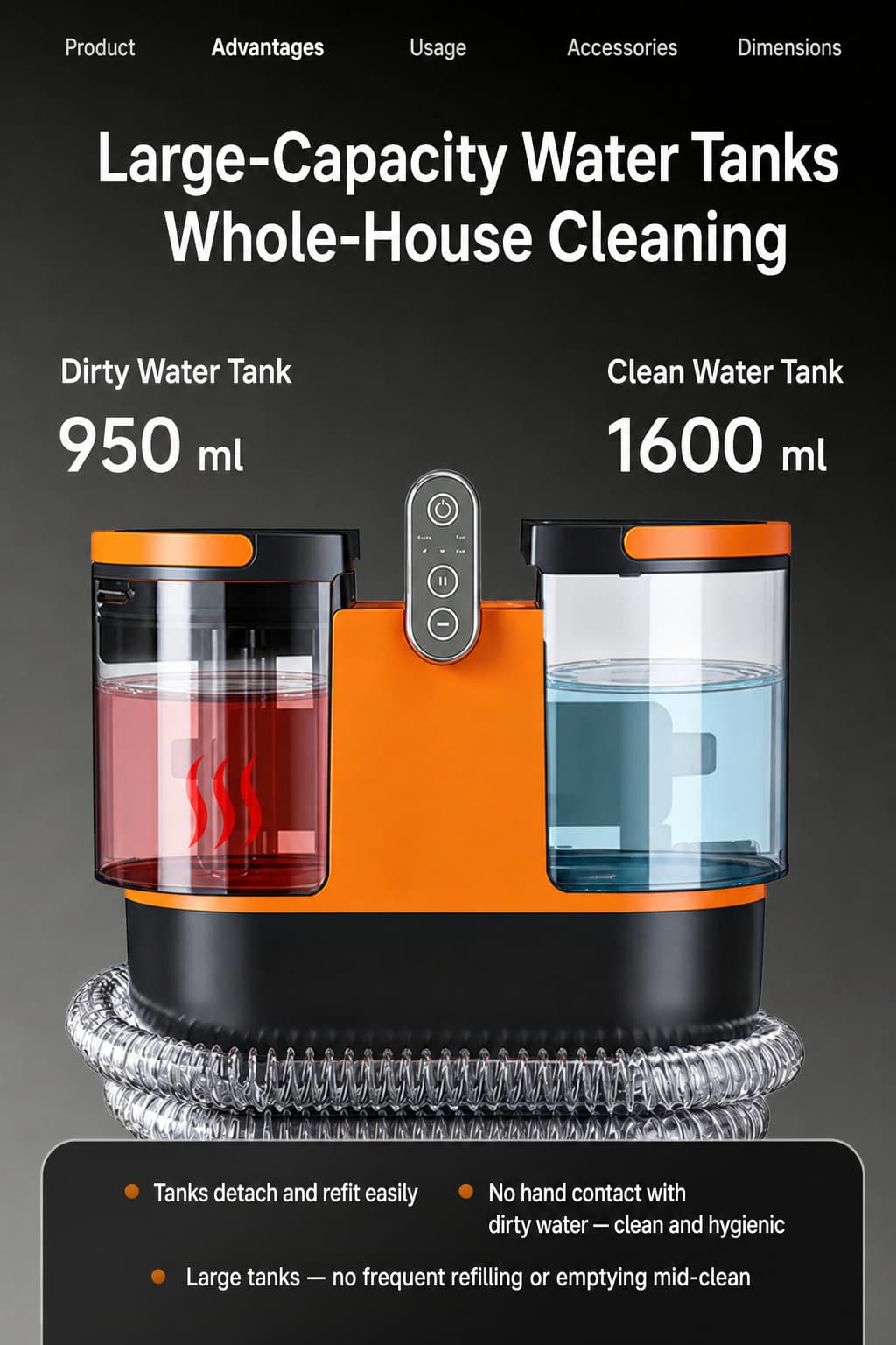 1600 ml clean water tank and 950 ml dirty water tank on the STC204-PRO carpet and sofa cleaning machine, both detachable for refilling and emptying