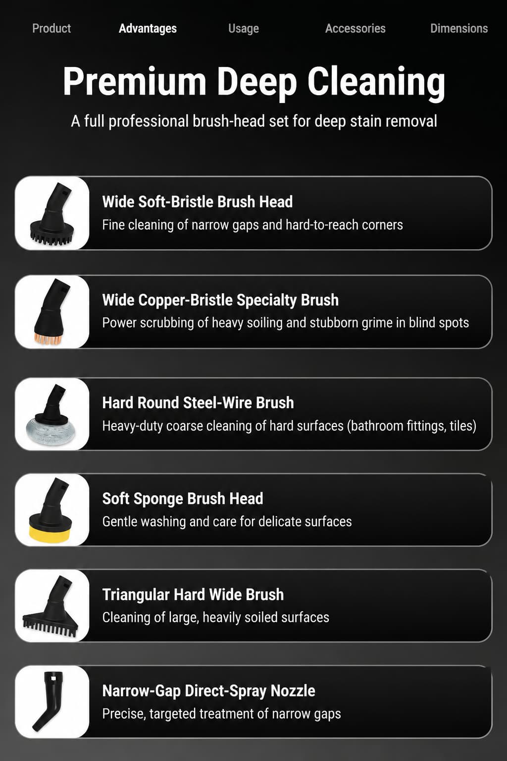 Brush head set supplied with the STC204-PRO upholstery cleaner: wide soft bristle, wide copper bristle, hard round steel wire, soft sponge, triangular hard wide brush and narrow gap direct spray nozzle