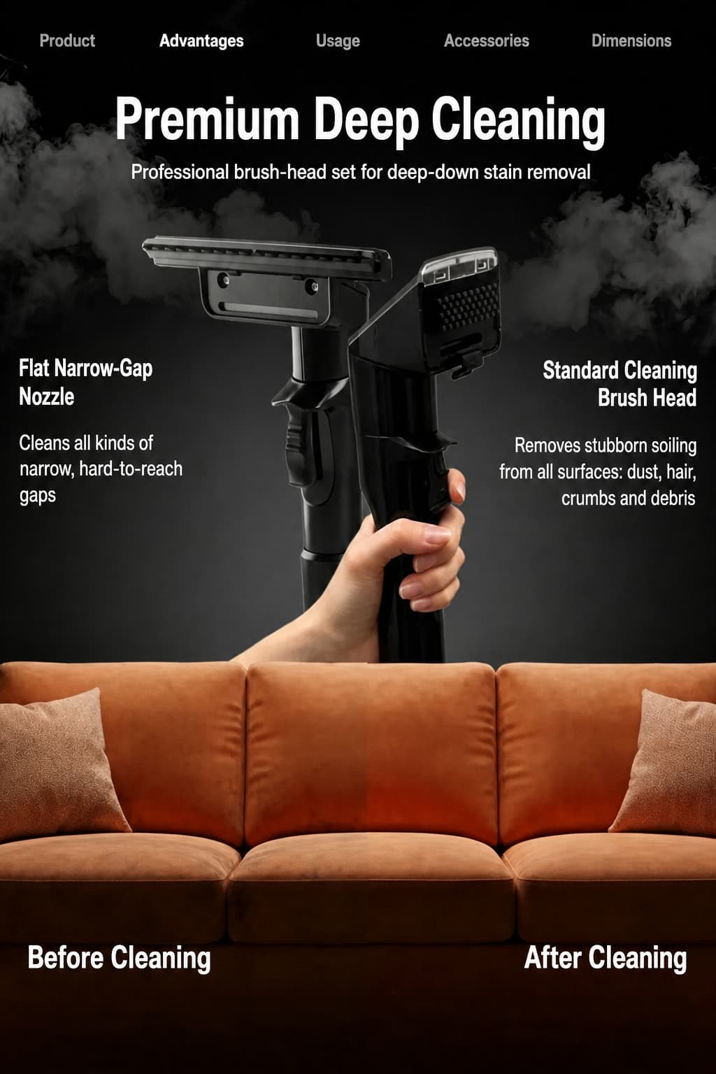 Before and after cleaning a fabric sofa with the STC204-PRO fabric cleaning machine, using the standard cleaning brush head and the flat narrow gap nozzle