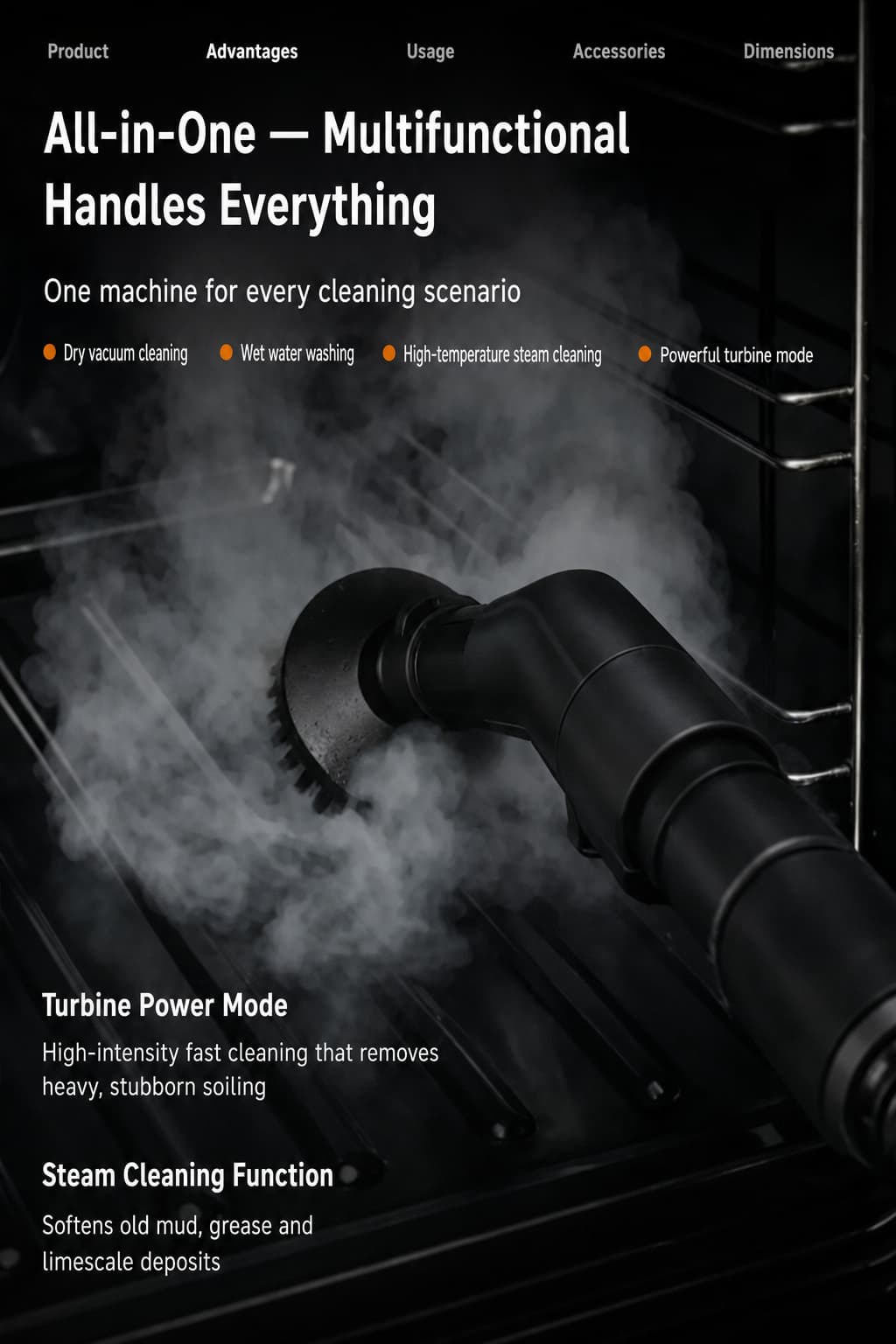 Four cleaning functions of the STC204-PRO upholstery cleaning machine shown in use: dry vacuum cleaning, wet water washing, high temperature steam cleaning and powerful turbine mode