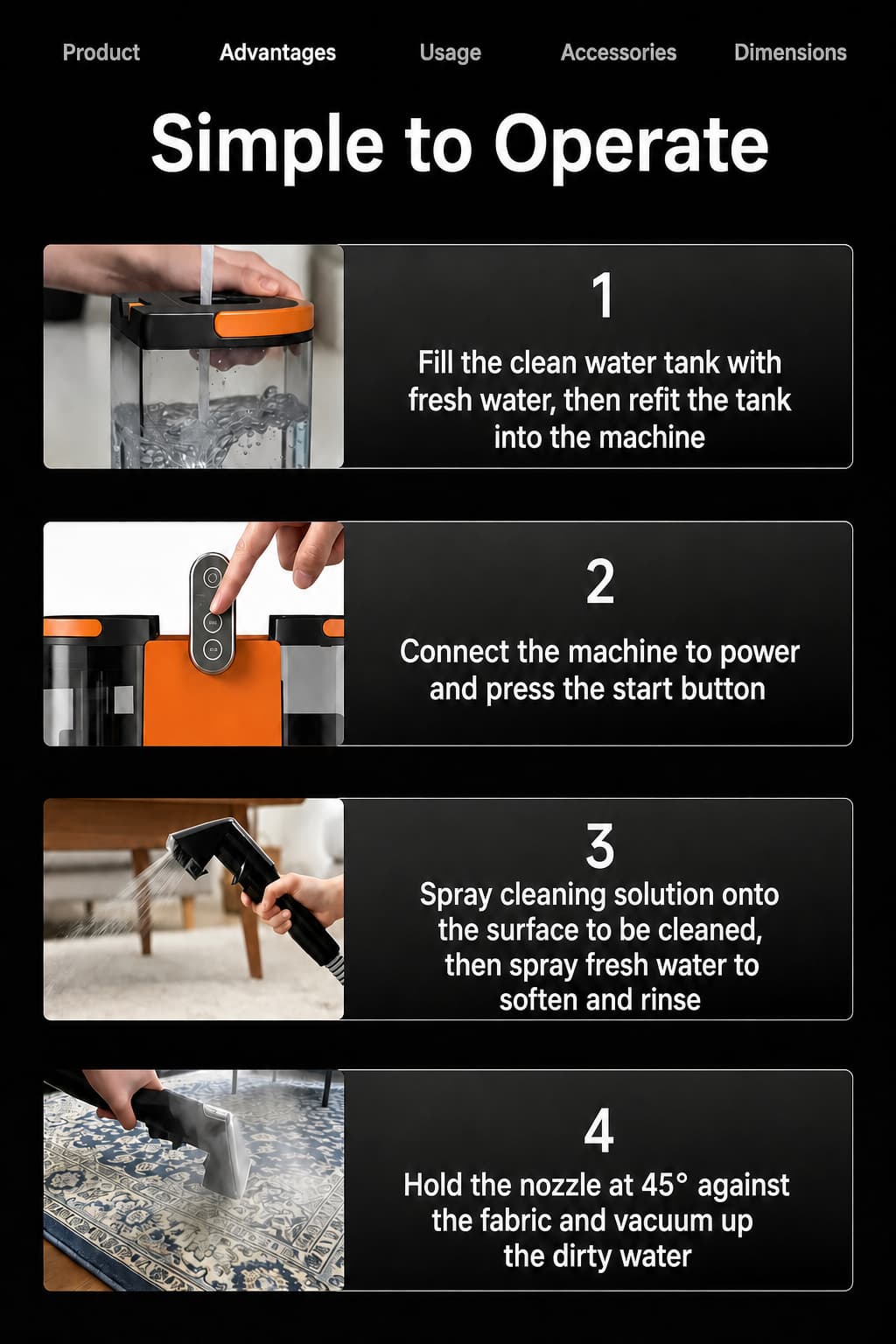 Four steps to operate the STC204-PRO upholstery cleaning machine: fill the clean water tank, connect power and press start, spray solution and fresh water, extract dirty water with the nozzle at 45 degrees
