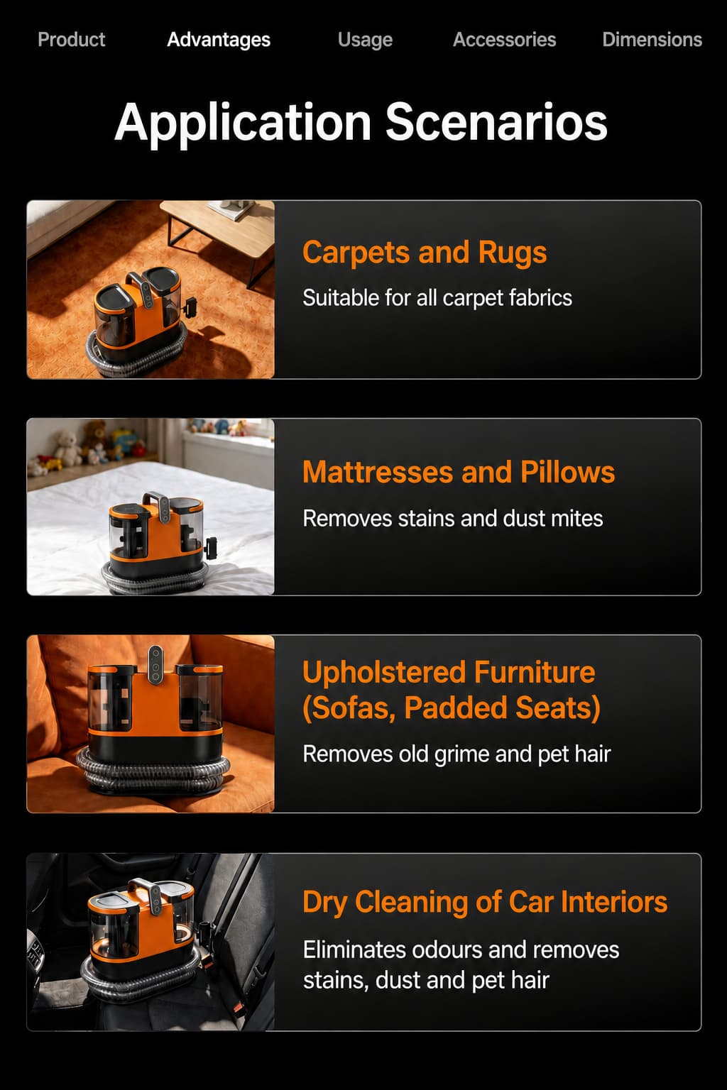 Application scenarios for the STC204-PRO fabric cleaner machine: carpets and rugs, mattresses and pillows, sofas and padded seats, and dry cleaning of car interiors