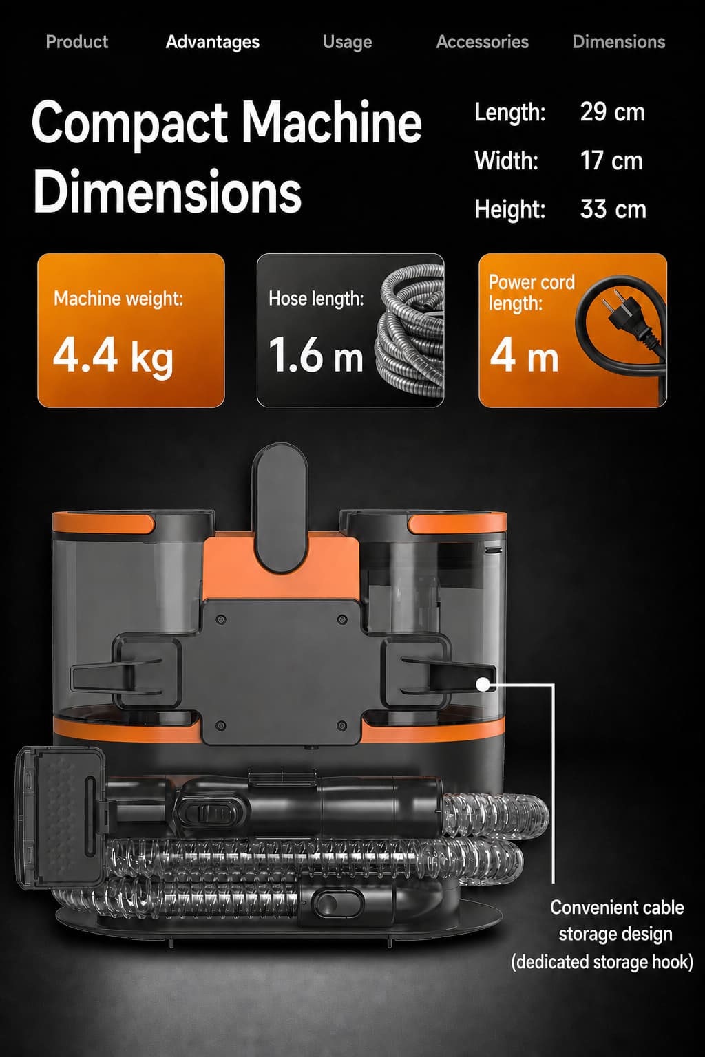 Dimensions of the STC204-PRO carpet and sofa cleaning machine: 29 cm length, 17 cm width, 33 cm height, 4.4 kg machine weight, 1.6 m hose, 4 m power cord and cable storage hook