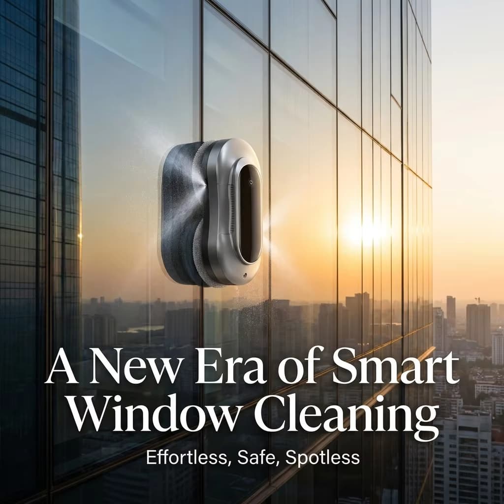 X11 PRO smart window cleaning robot working on a high-rise glass facade at sunset