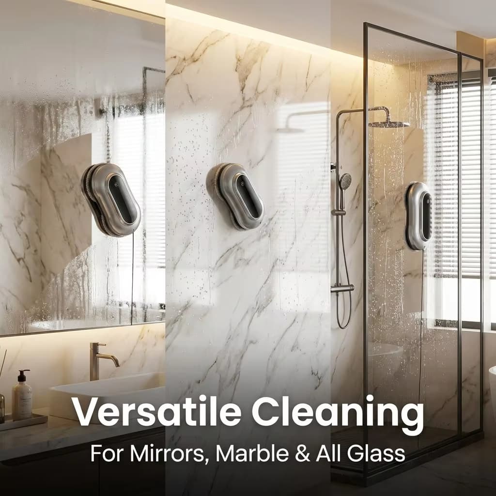 X11 PRO robot window cleaner on a bathroom mirror, marble wall and shower glass