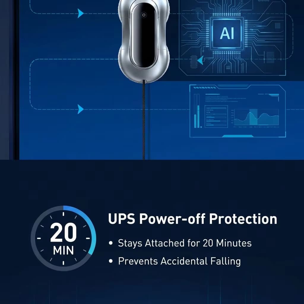X11 PRO UPS power-off protection keeps the window cleaning robot attached for 20 minutes