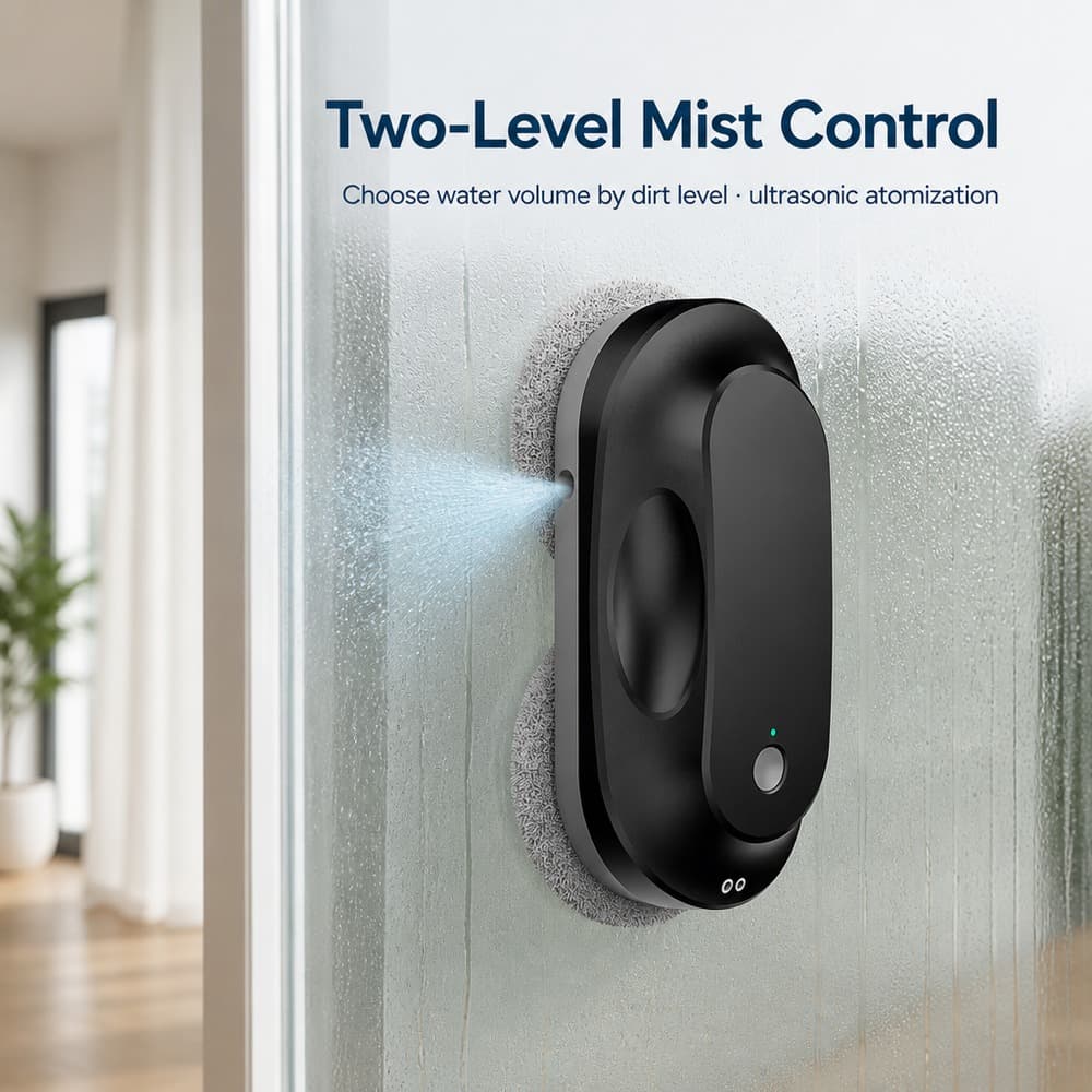 Two-level mist control on the ST-V1 automatic window cleaner, ultrasonic atomization wetting the glass evenly before the cloths pass