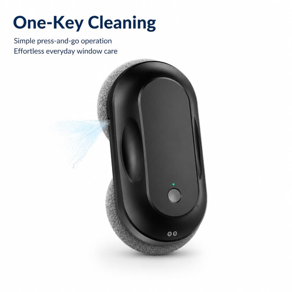 One-key cleaning on the ST-V1 robot glass cleaner, press once to start an automatic cycle with no app and no menu