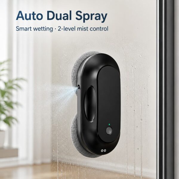 ST-V1 robot window cleaner with 2400–3200Pa adaptive suction and ultrasonic mist on a frameless glass window — entry-price wholesale window cleaning robot